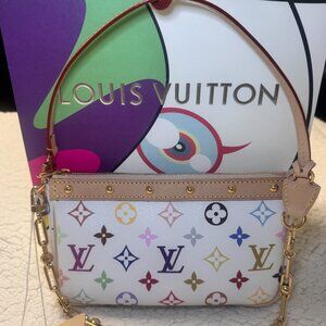 2025 New LV x TM Pochette Accessoires White Multicolor Louis Vuitton Murakami